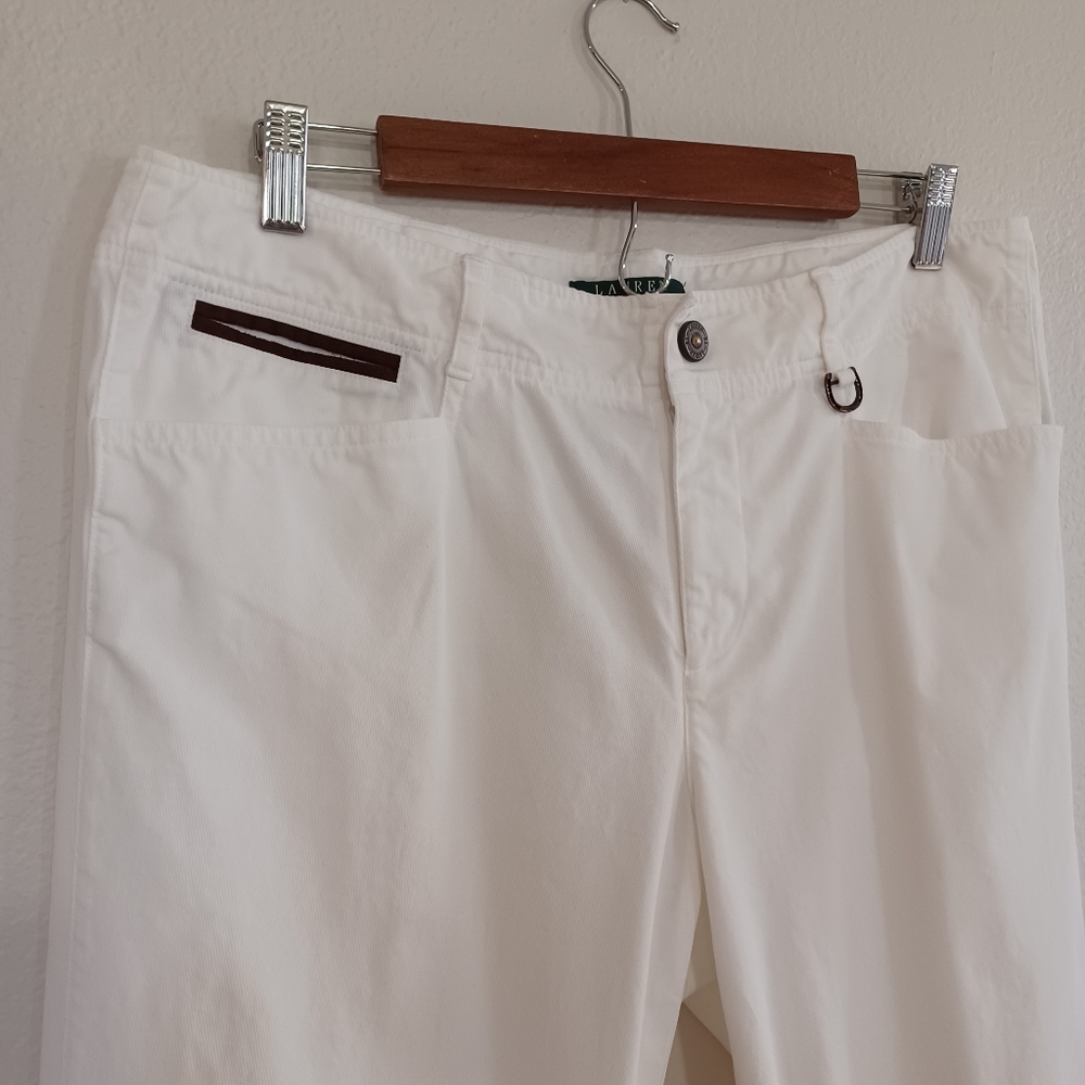 Lauren Ralph Lauren White Straight-Leg Pants with Leather Detail - Size 12 - Picture 4 of 11